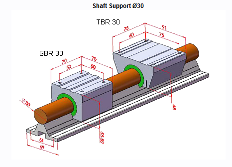 Shaft Support Ø16-20-25-30 Double Bearing Drawing